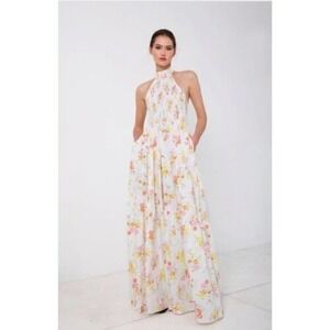 S/W/F Shirred Floral Print Halter Sleeveless Tiered Garden Party Dress Sz M NWT